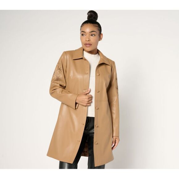 Denim & Co. Women's Jacket Sz M Signature Faux Leather Long w Rose Brown A673208 - Picture 1 of 4